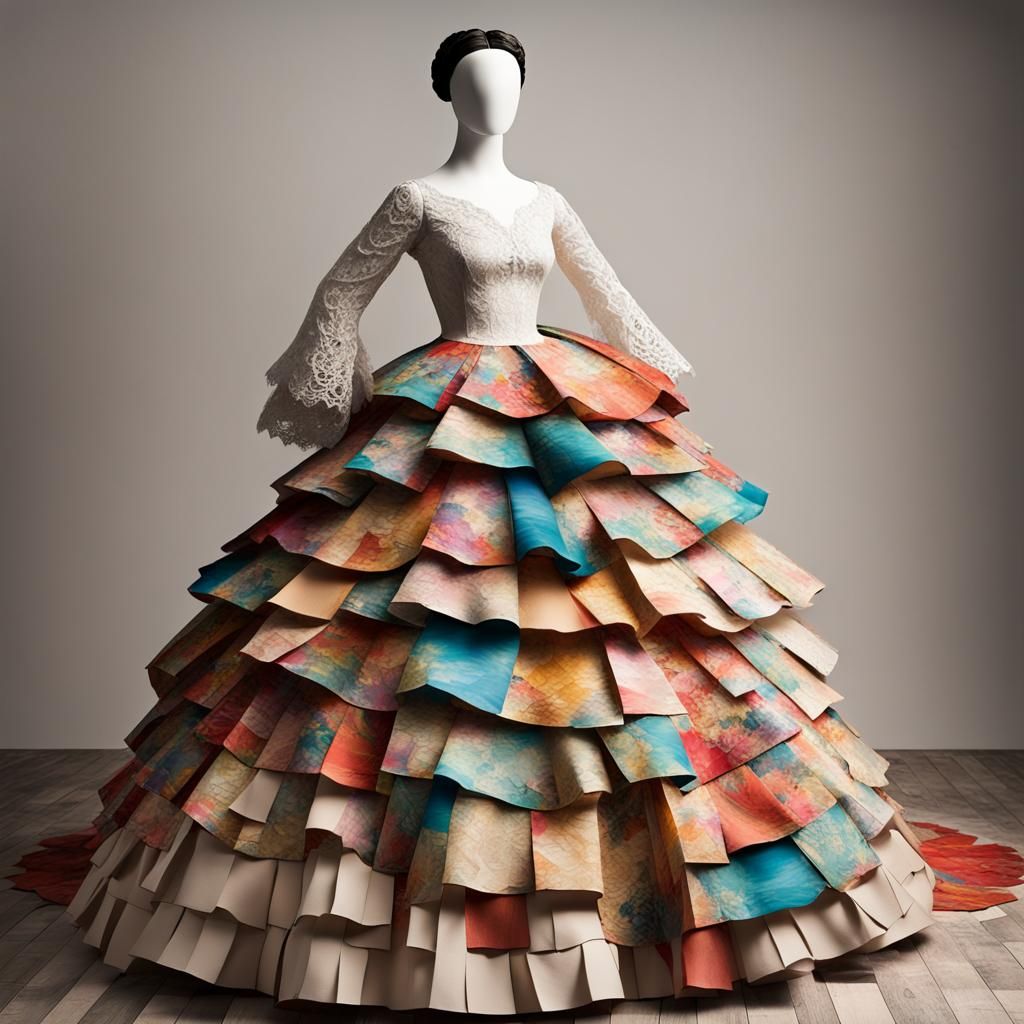Fine Art Paper Collage :  Tiered Ripped Paper  Ball Gown : L...