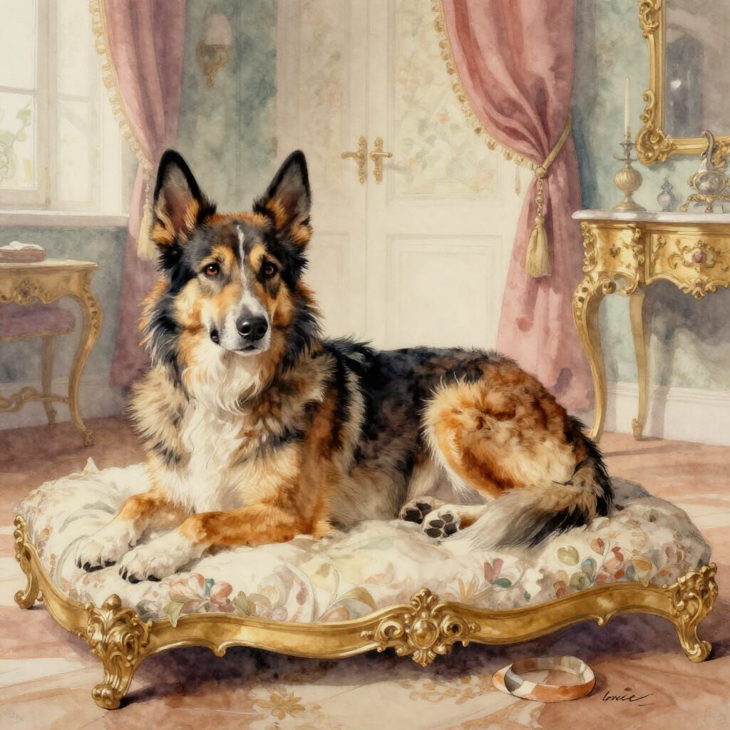 Afghan Hound Lounging in Rococo Bedroom Watercolor