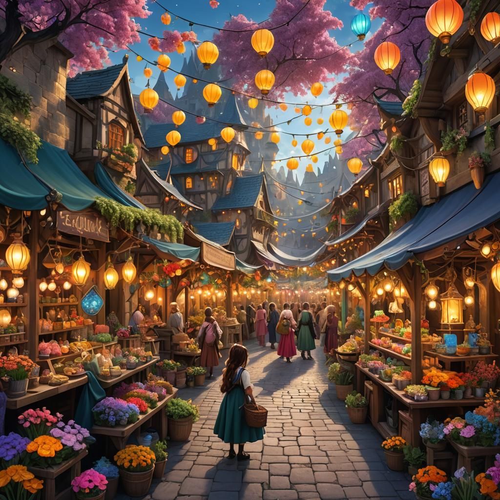 Vibrant Magical Marketplace with Enchanted Items