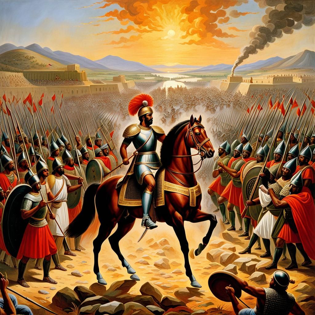 Painting of Prince Memnon of Aethiopia, leading his army into battle for Troy