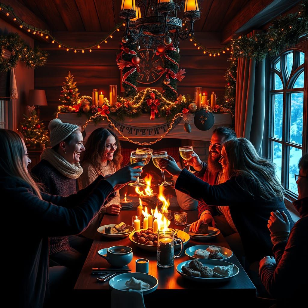 Cozy Friends Gathering in a Winter Wonderland Scene