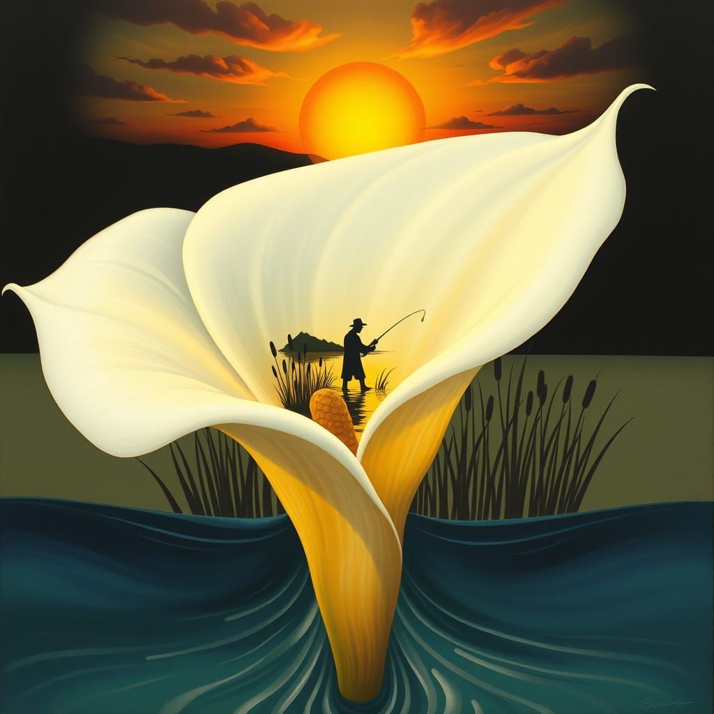 Surrealistic Flower Blooms with Sunset Lake Scene