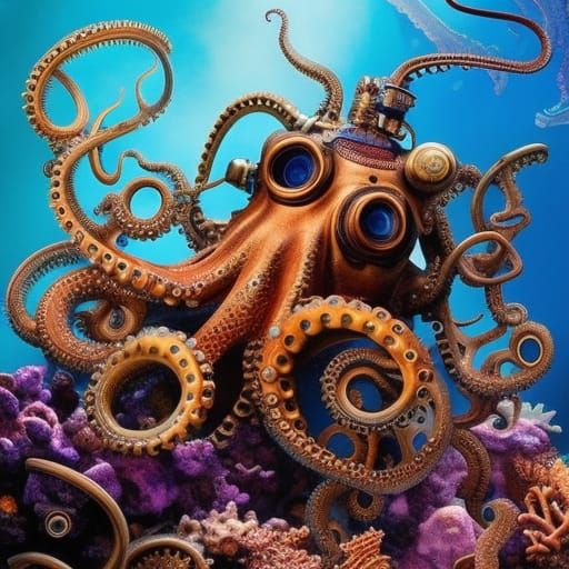 Steampunk Engine Octopus in Coral Reef