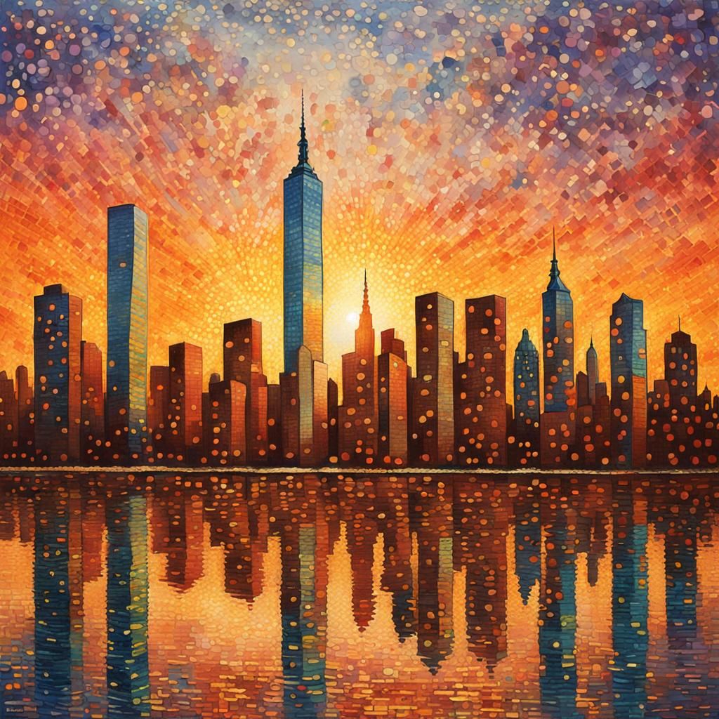 New York City Sunset in Pointillism Style