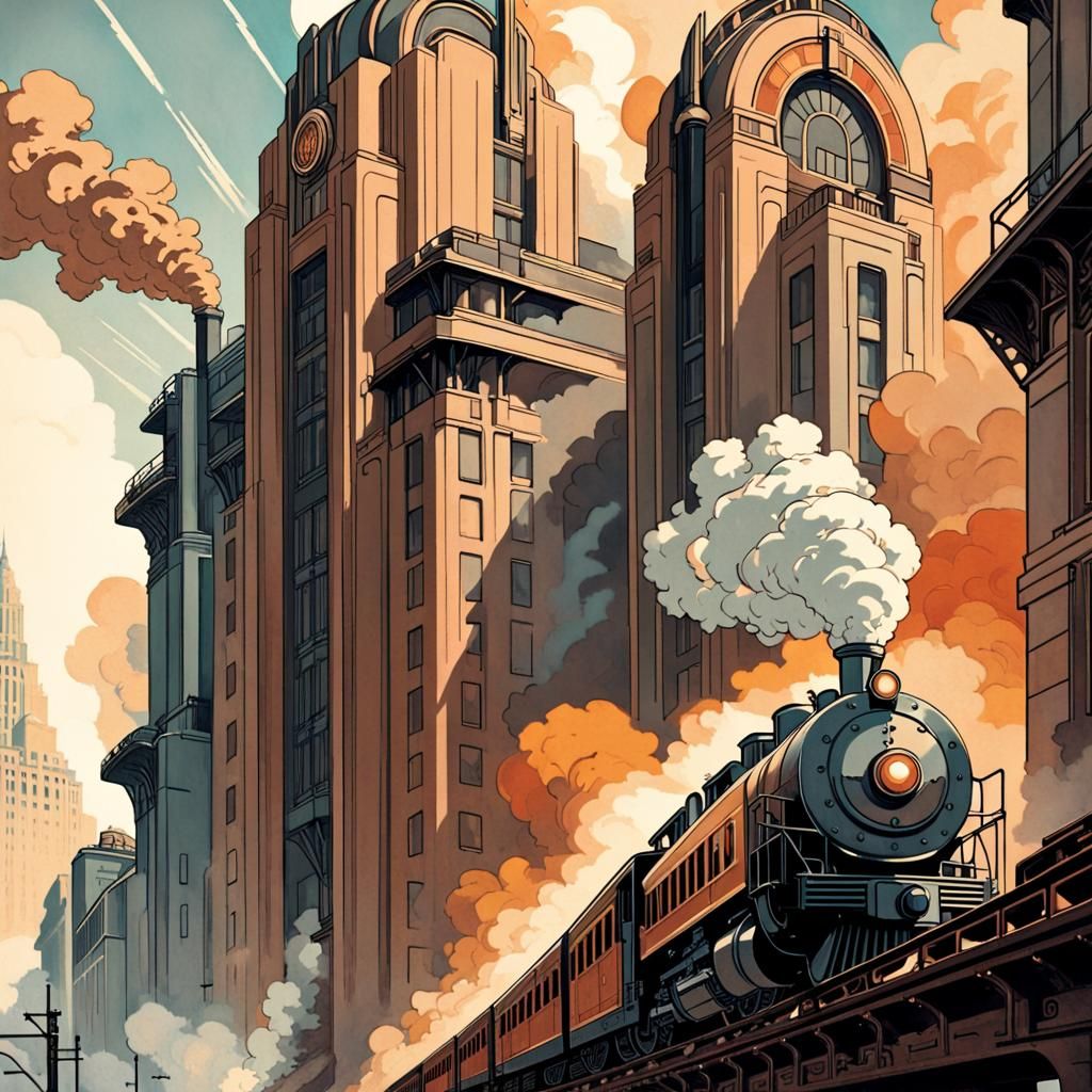 Art Deco Train Poster in Alphonse Mucha Style