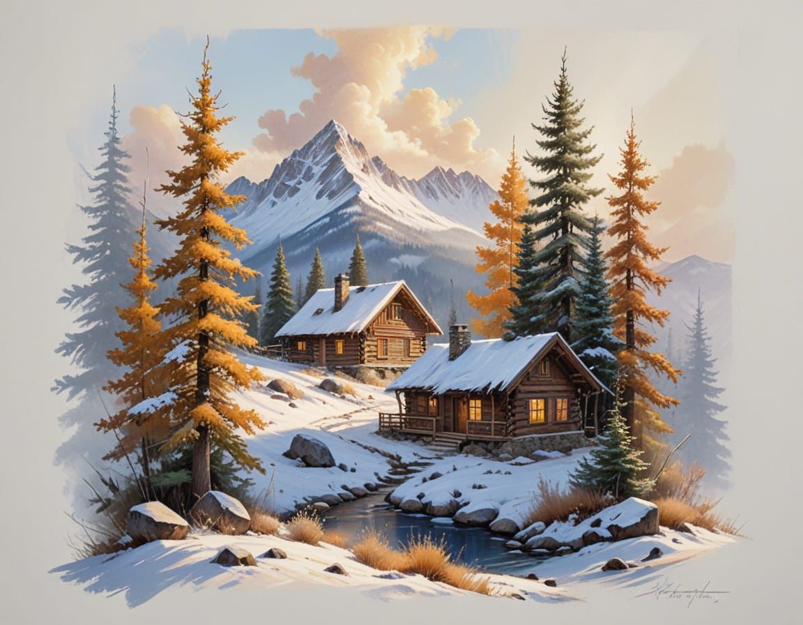 Serene Winter Mountain Retreat at Golden Sunset