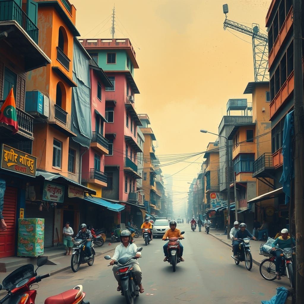 Dhaka Street Scene Inspired by Traditional Bangladeshi Art
