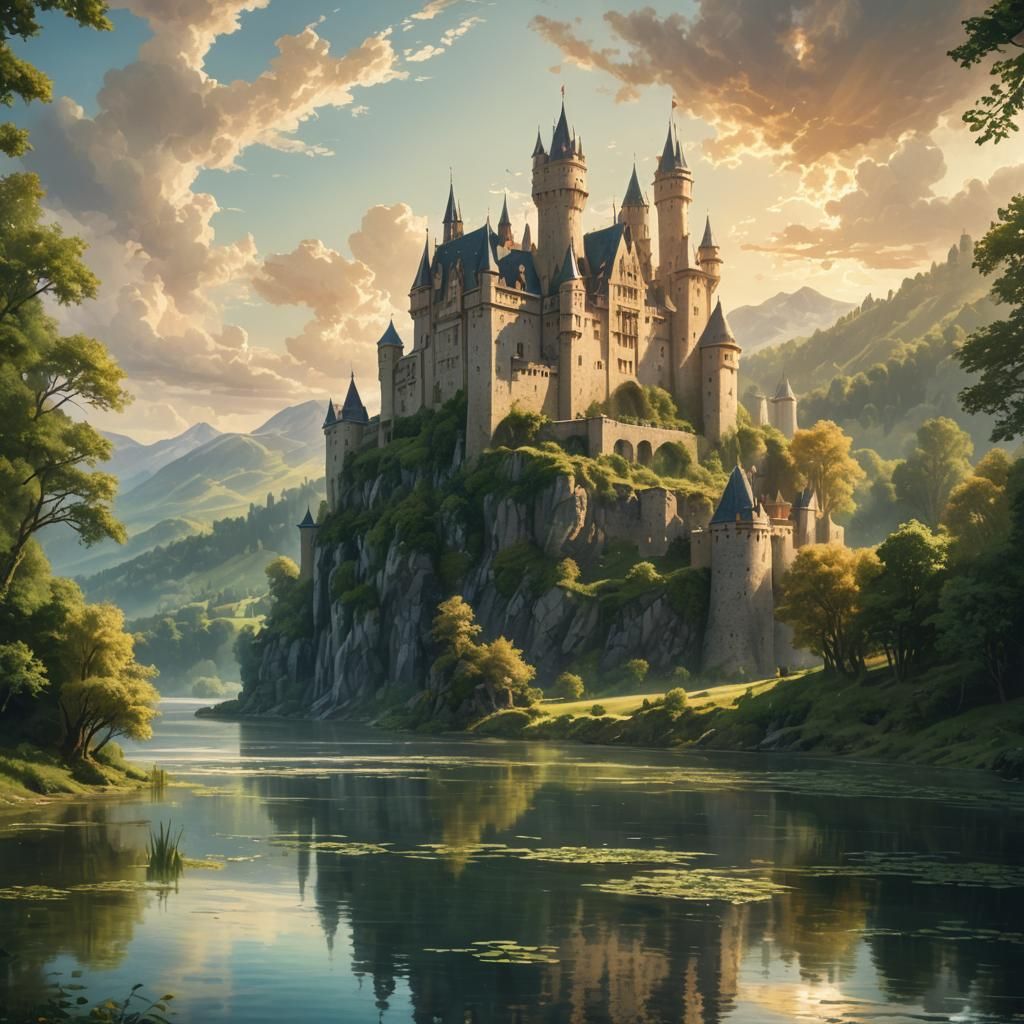 Majestic Castle Beside Serene River: Fantasy Illustration