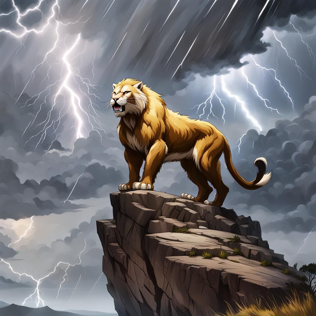 Sabertooth in Lightning Storm on High Cliff