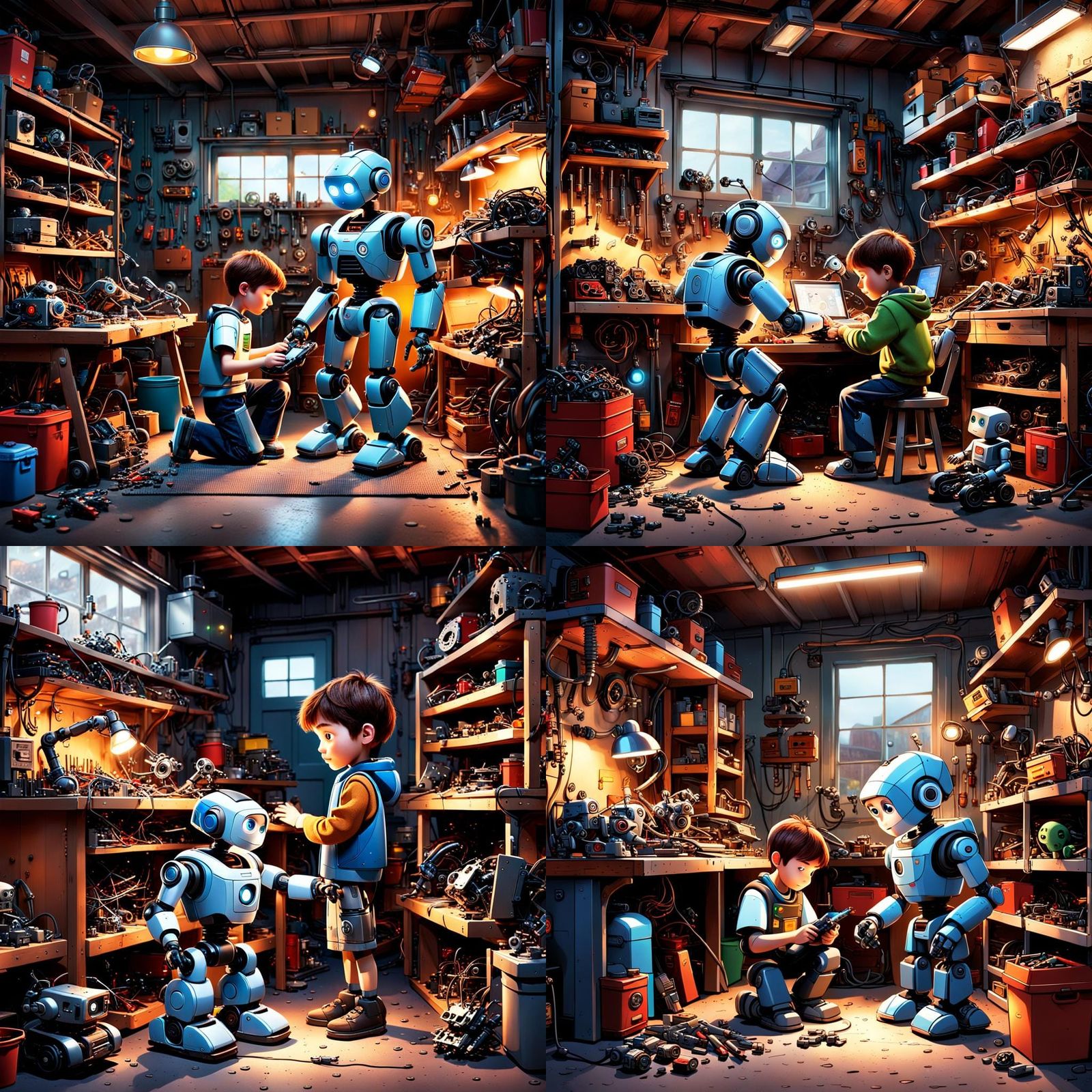 Child Mechanic Fixing Robot, DreamWorks-Style