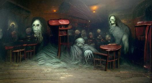 Creepy Bar Scene in Horror Illustration Style