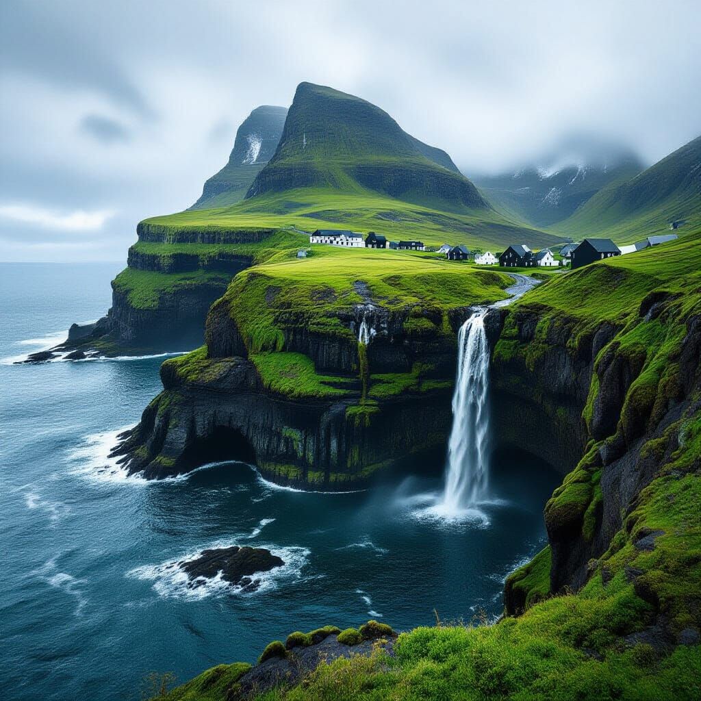 Faroe Islands Village Vista with Waterfall and Sea Cave