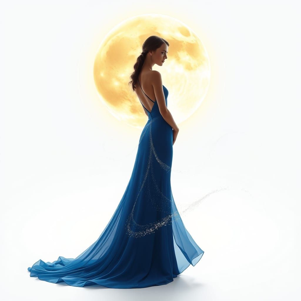 Woman in Blue Contemplation Under Golden Moonlight