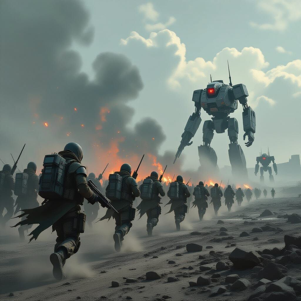 Young Men Charge Terminators in Post-Apocalyptic Wasteland