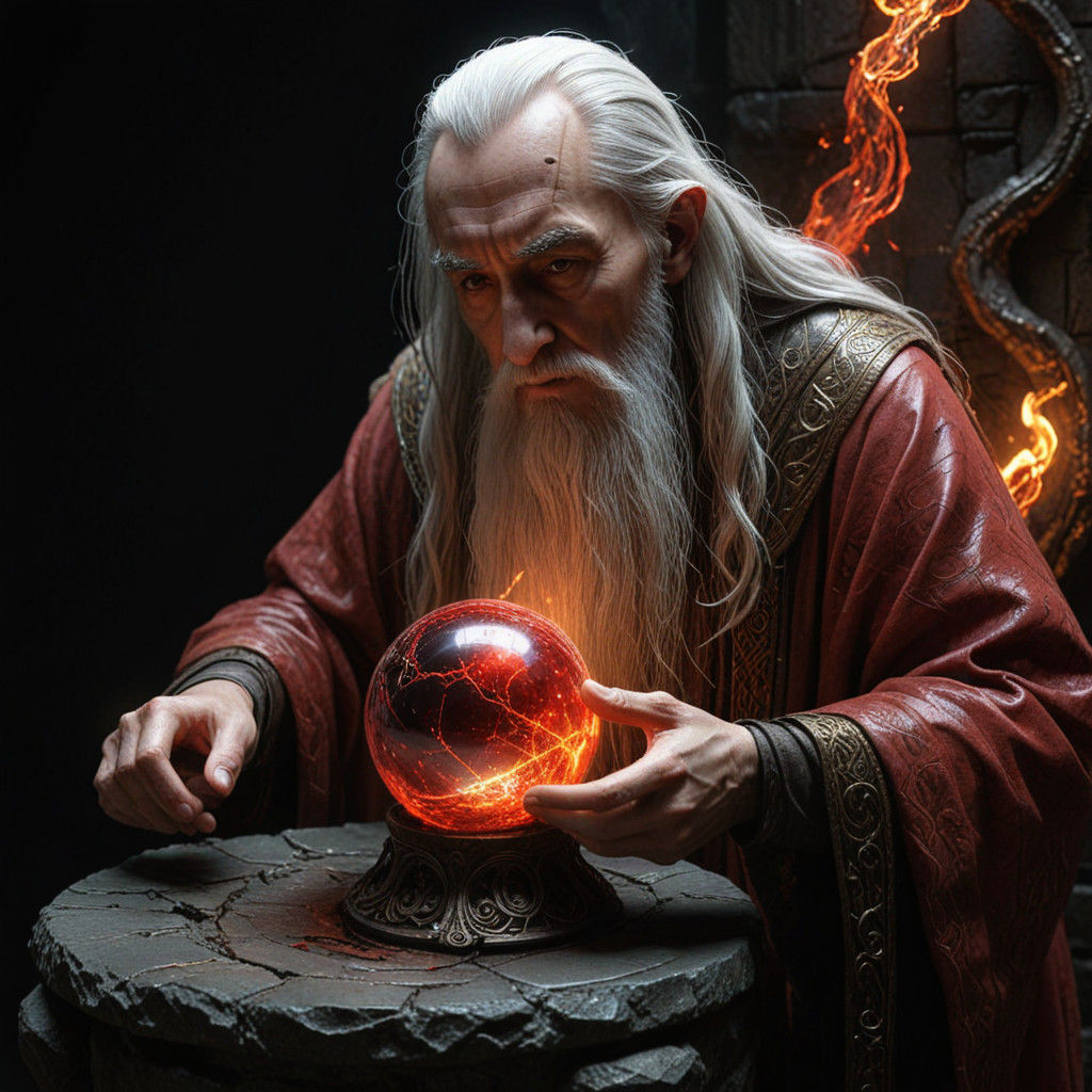 Ethereal Wizard Stares into Haunting Black Orb