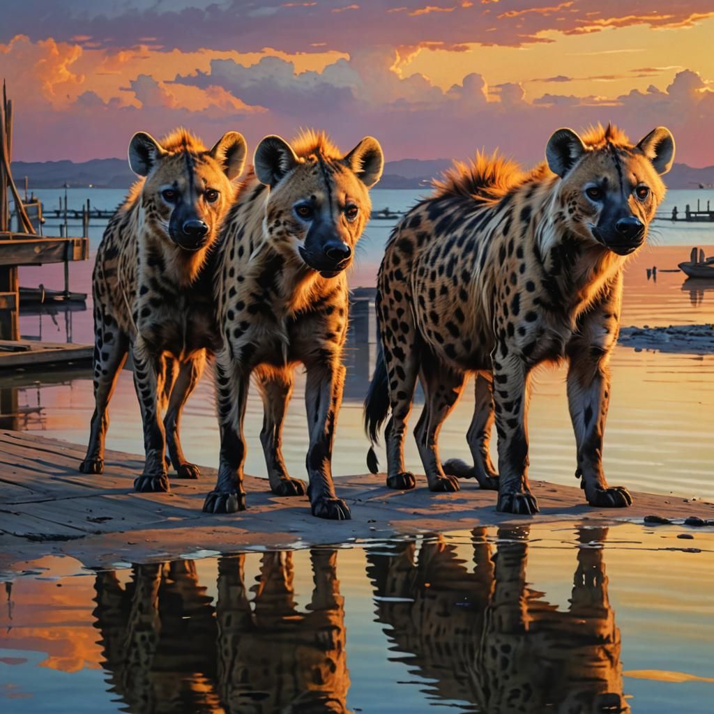Hyperrealistic Hyenas on a Wharf at Sunset