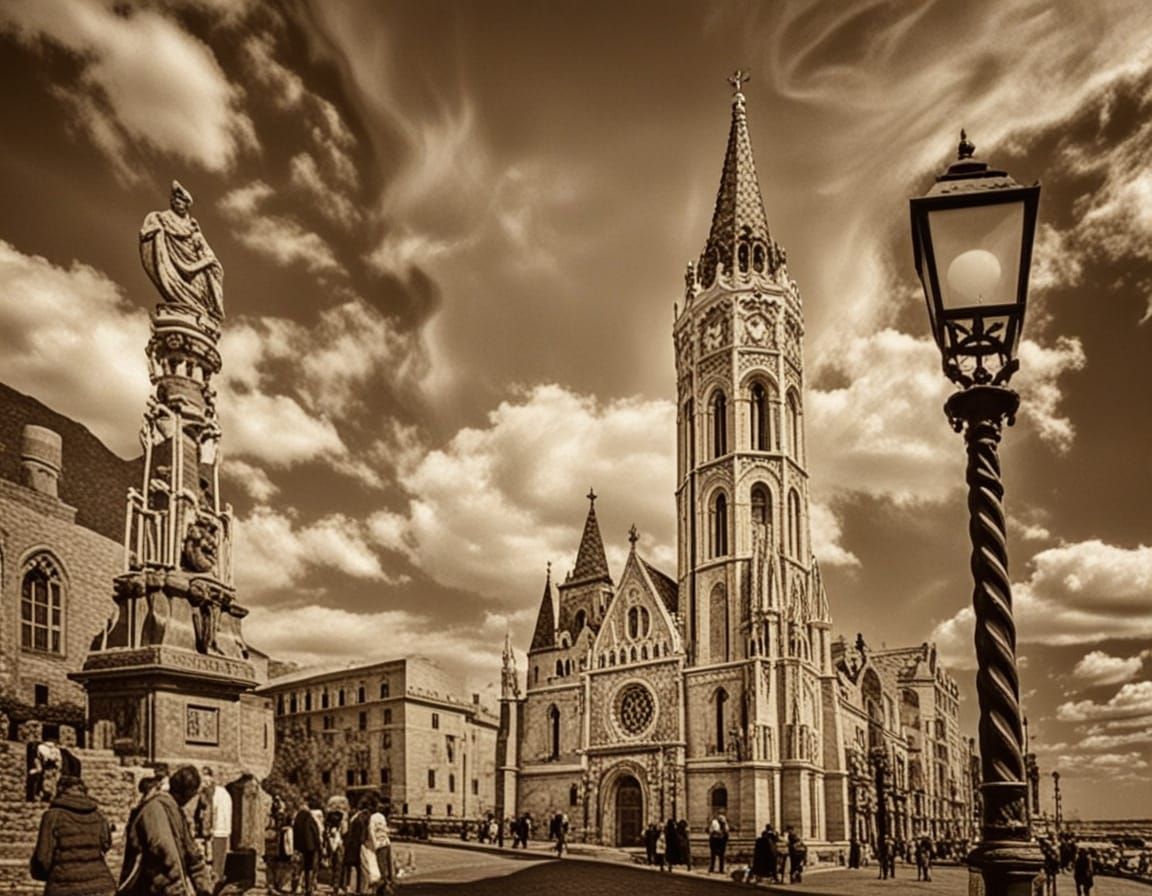 Dreamlike Cityscape with Mosaic Details in Surreal Style