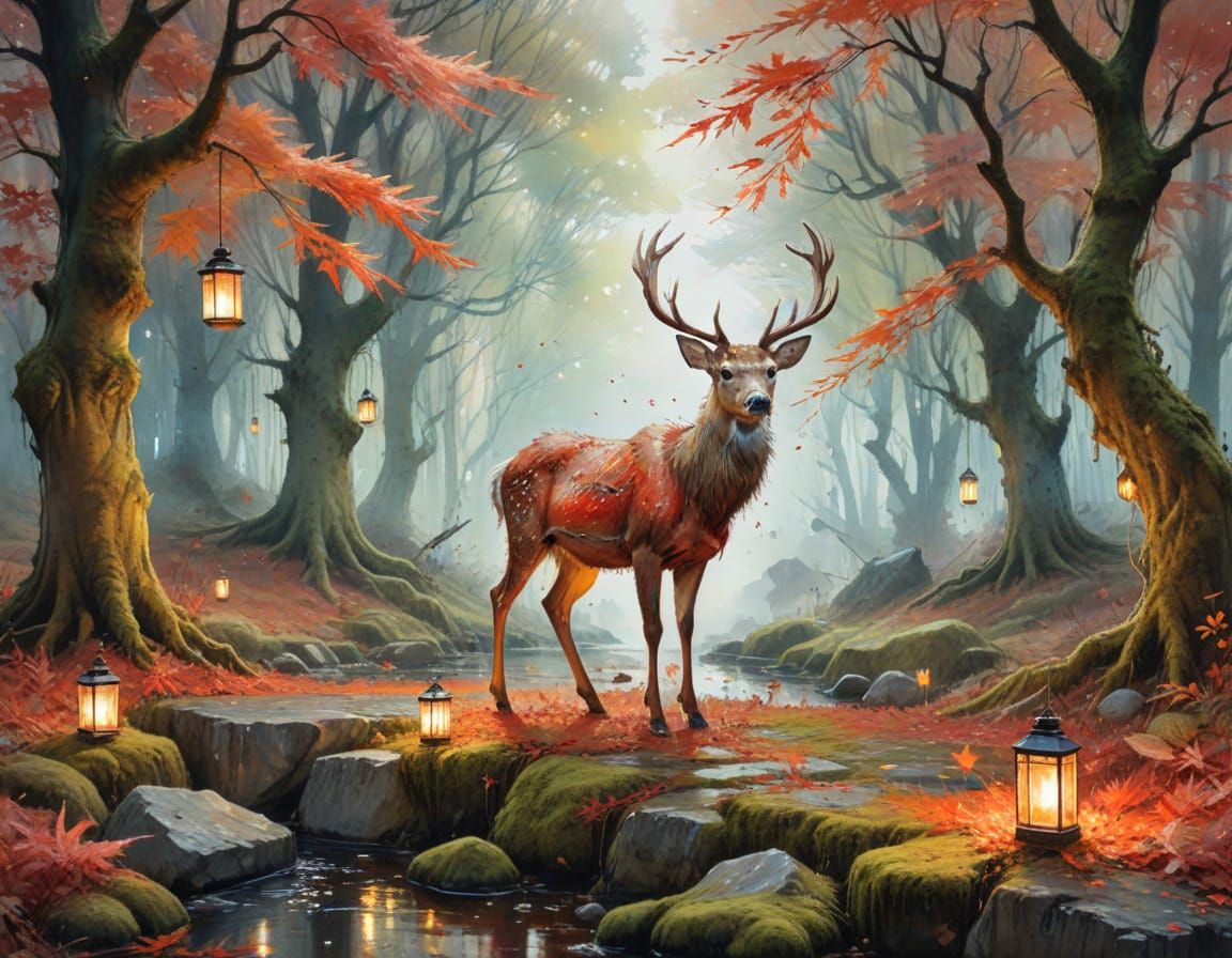 Crimson Maple Grove at Twilight: Watercolour Art