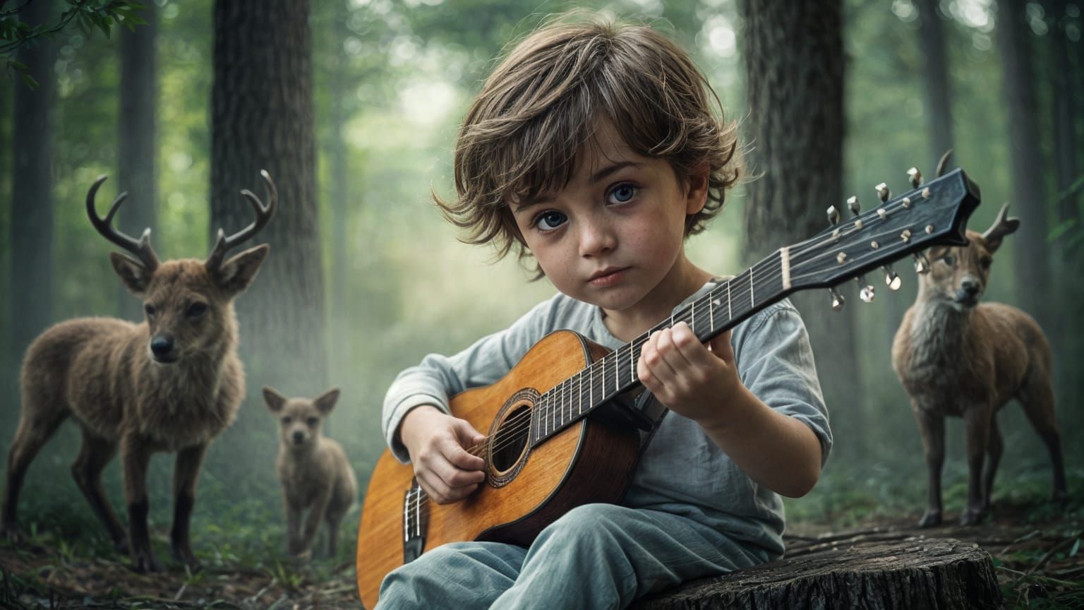 Boy Playing Guitar in Forest, Fine Art Style