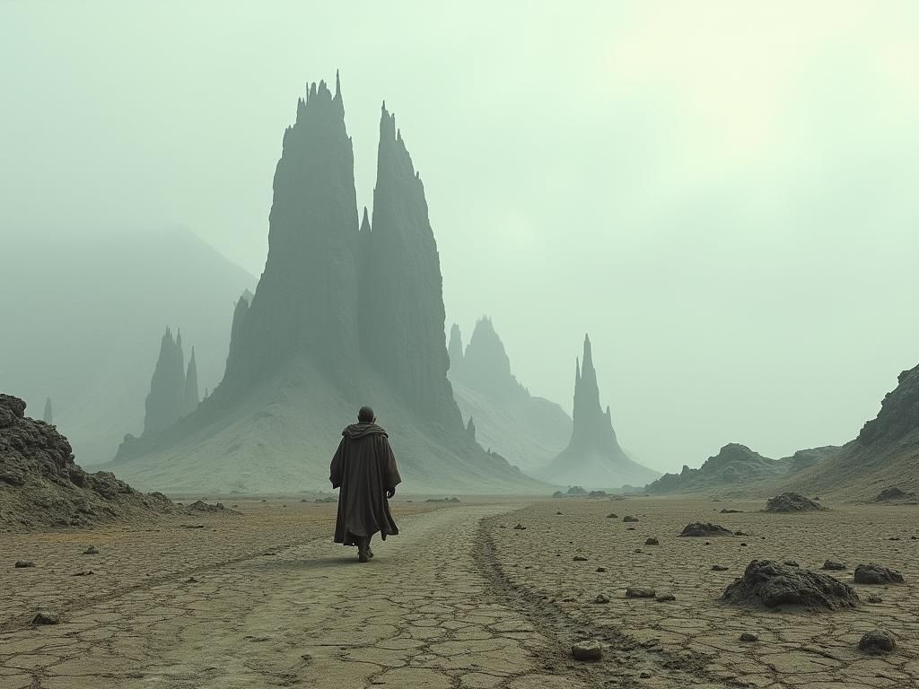 Mordor's Lone Wanderer in Dystopian Landscape