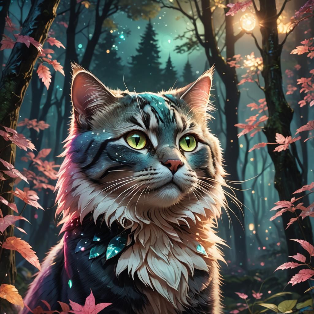 Tourmaline Cat Portrait in Sparkling Forest