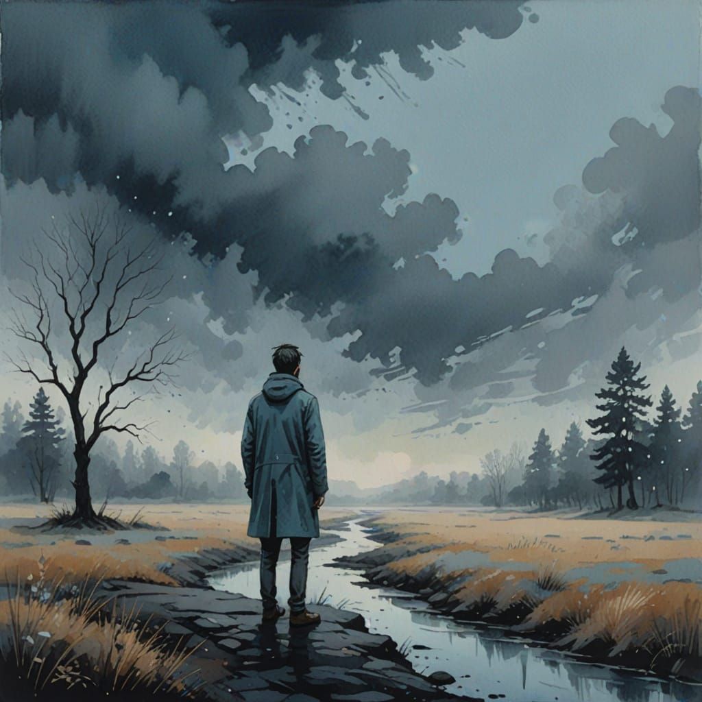 Solitary Figure in Gouache Painting with Misty Background