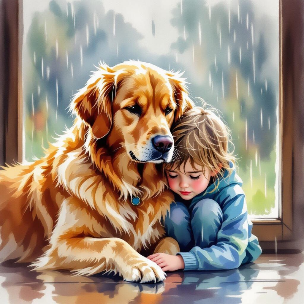 Golden Retriever Comforts Child: Heartwarming Watercolor Pai...