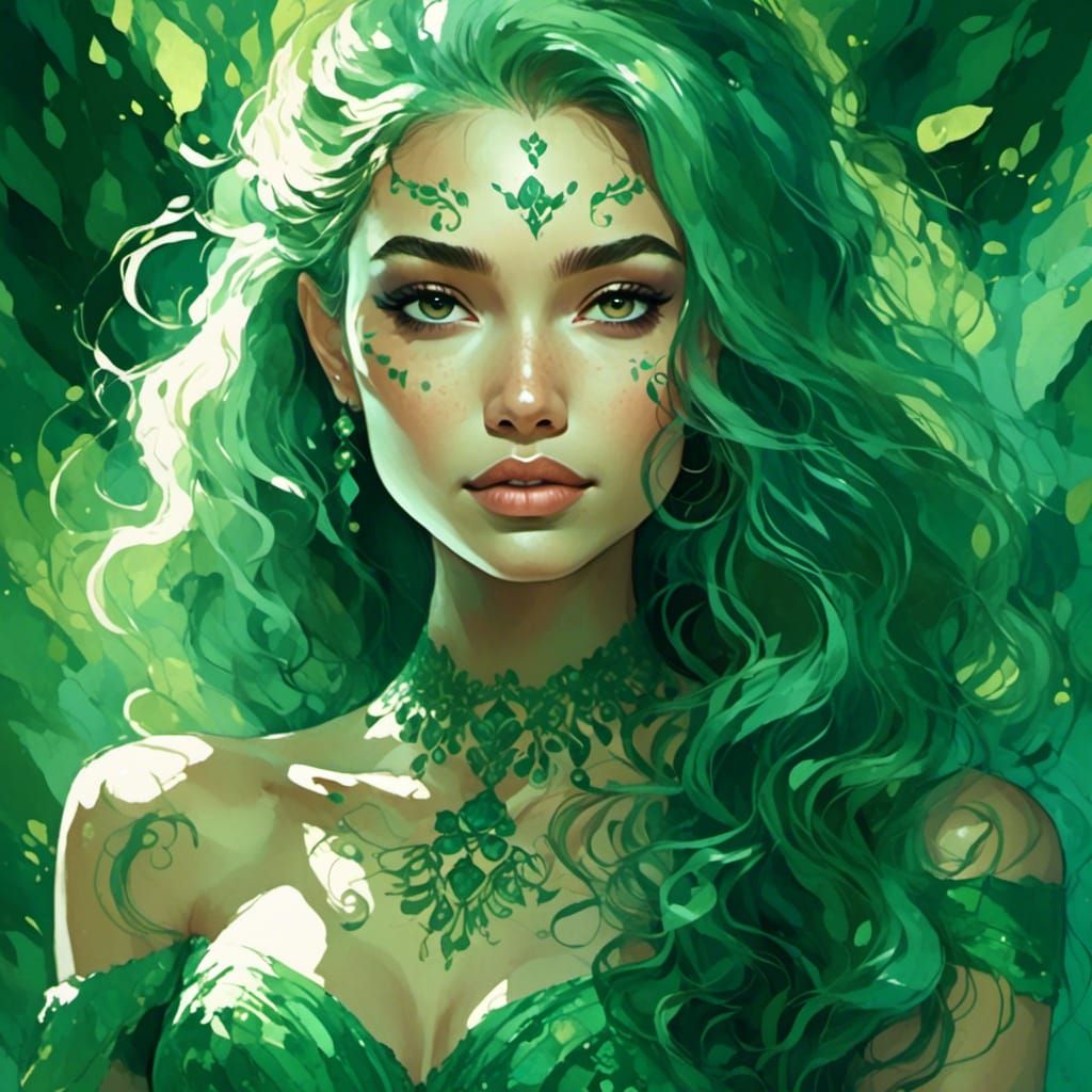 Metallic-Eyed Figure in Electric Green Hues
