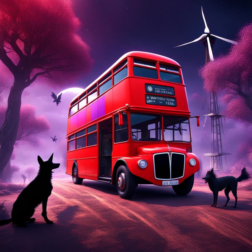 Surreal Space Scene with Bus, Witch and Zebra in 8K