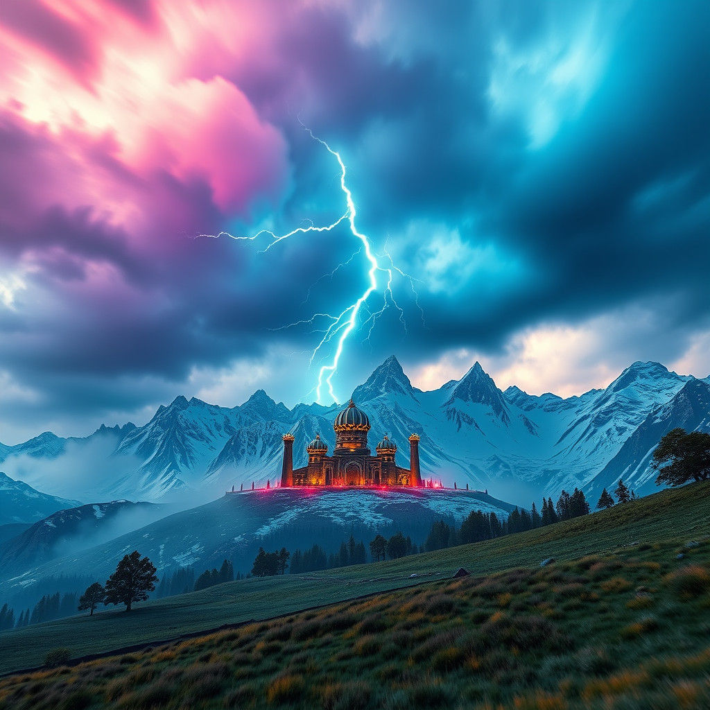 Epic Alien Civilization Under Lightning Storm: 3D Render