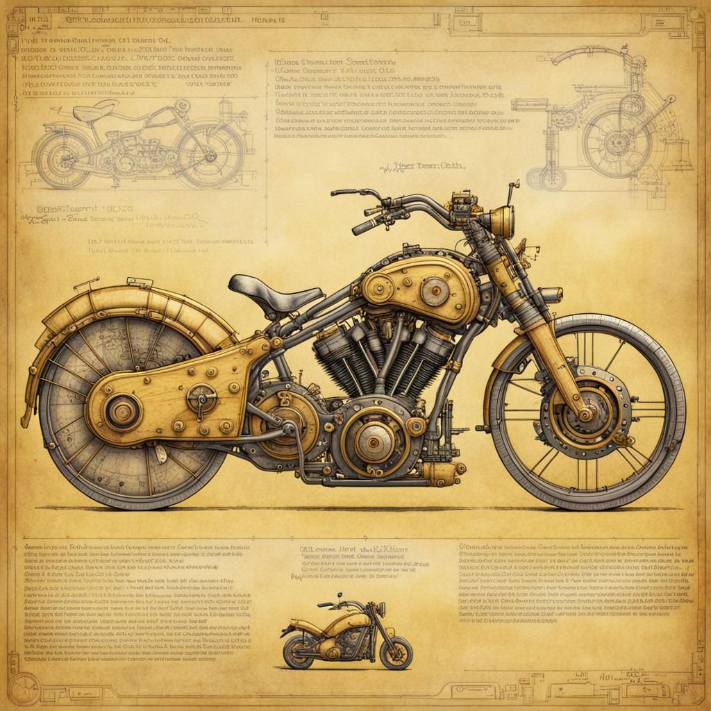 Steampunk One-Wheeled Motorcycle Blueprint on Parchment