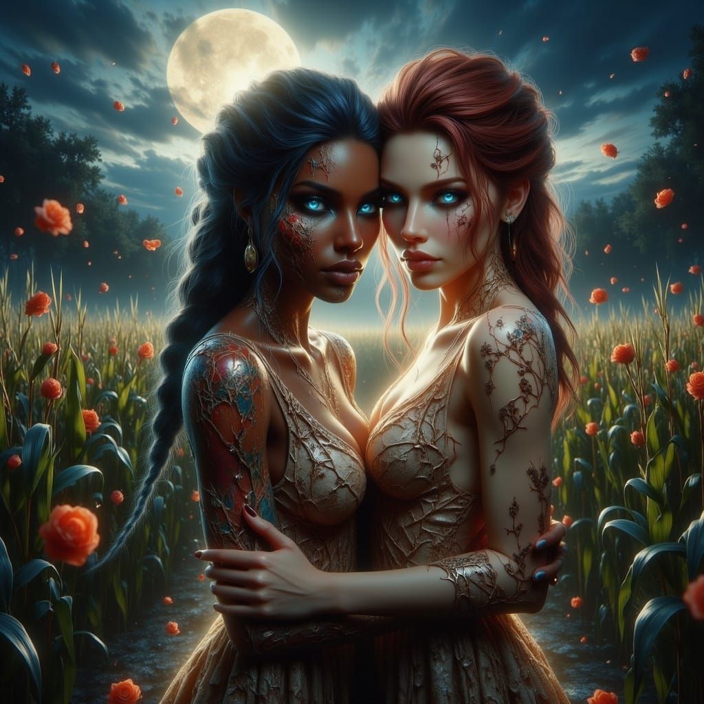 Two Women Embracing in a Whimsical Winter Landscape