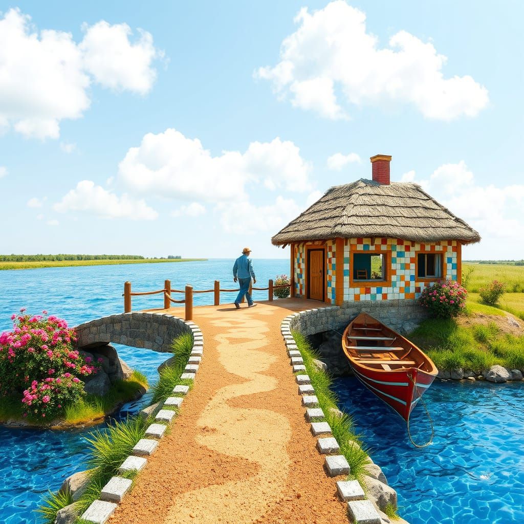 Mosaic Bridge Village Scene with Fisherman's Hut