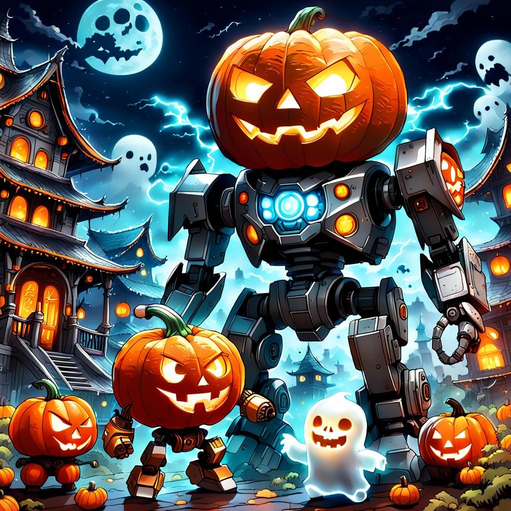 Mecha Jack-o-Lantern vs Ghost in Anime Style