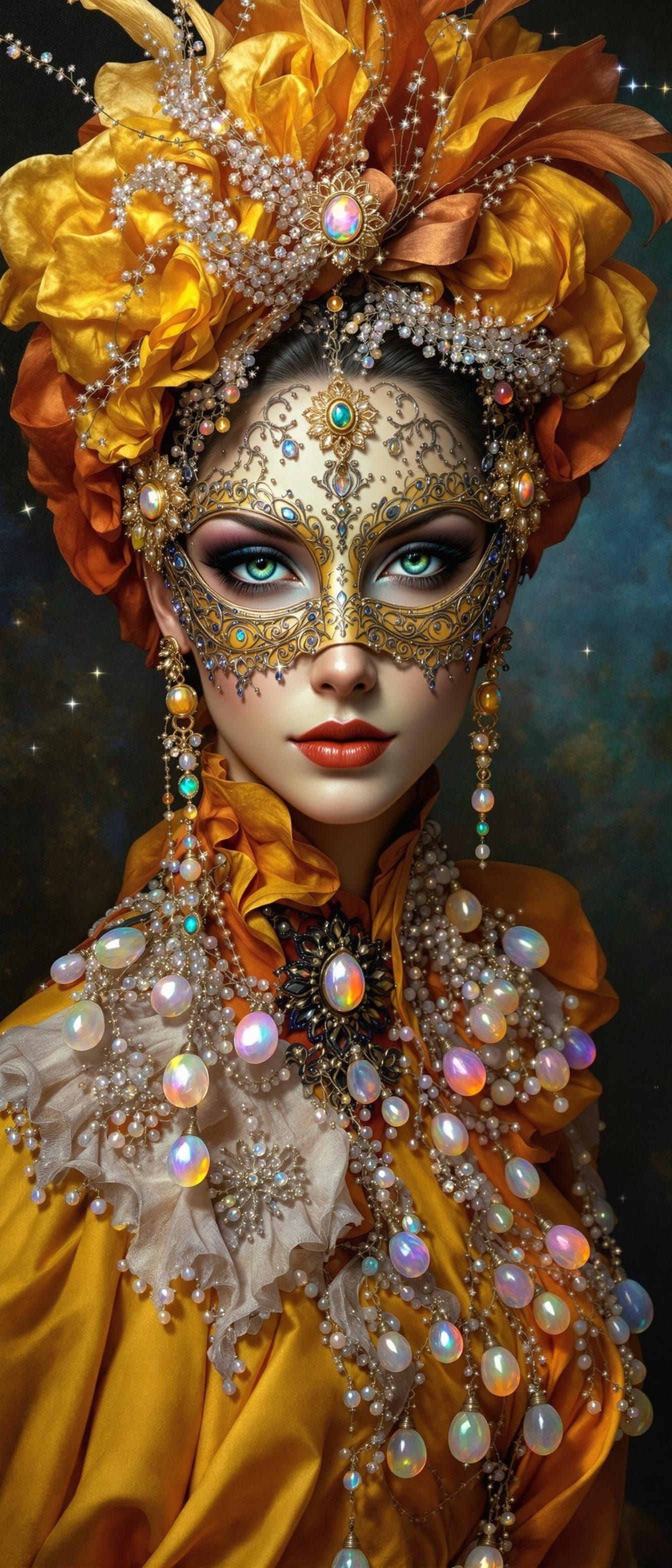 Victorian Lady in Opulent Yellow and Orange Gown