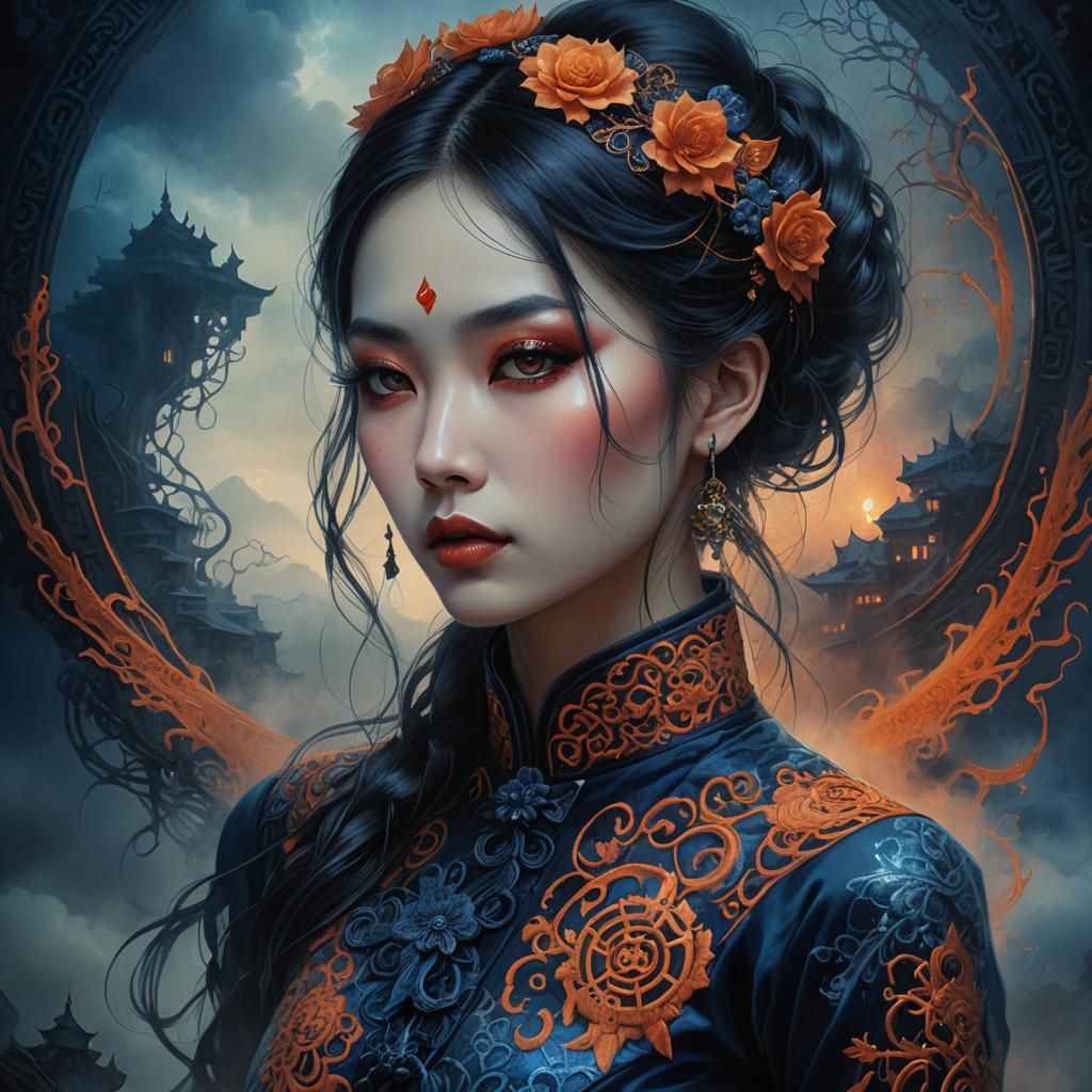 Gothic Girl in Qipao: Dark Surrealism Portrait