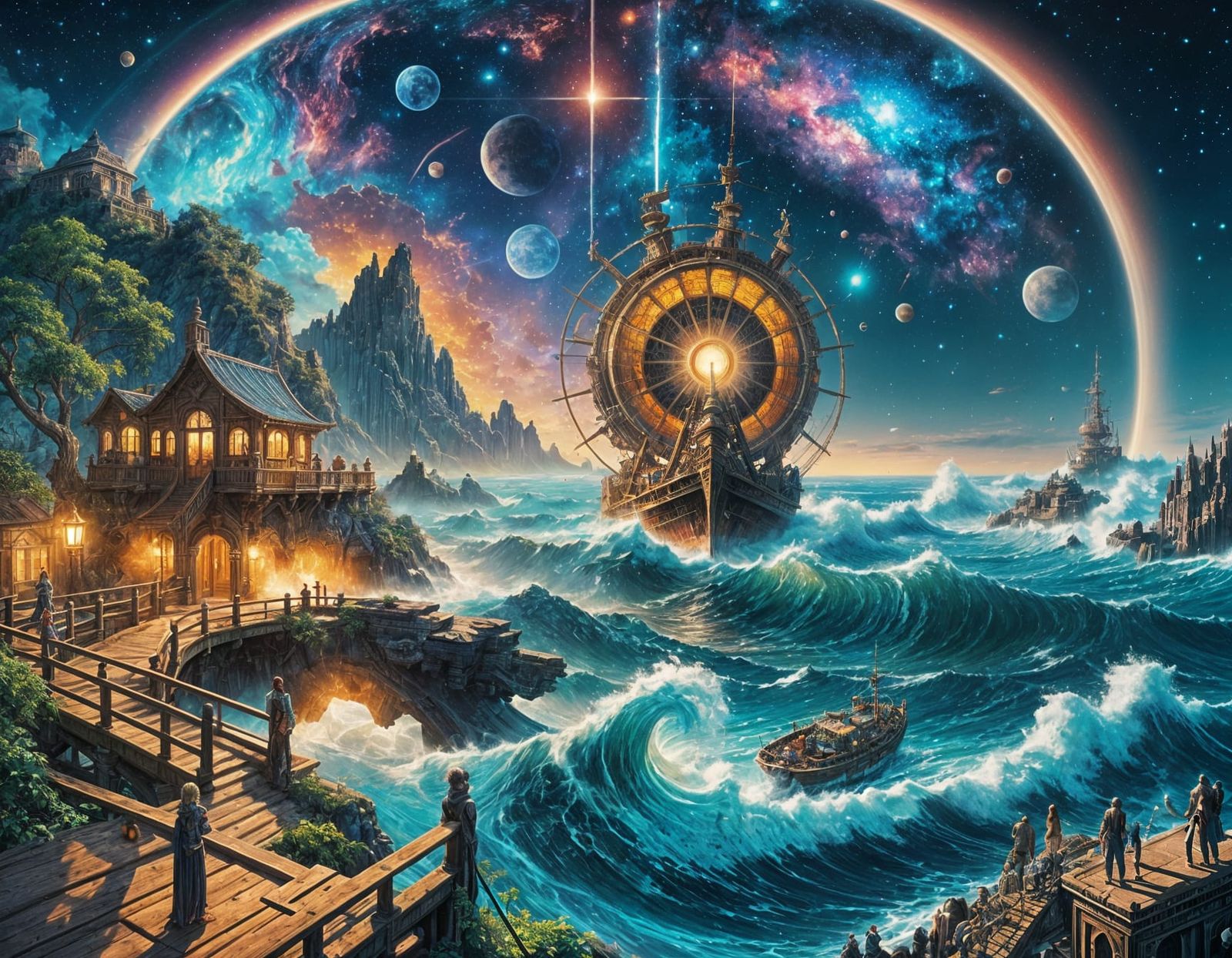 Starry Ocean Dreamscape in Retro Sci-Fi Style