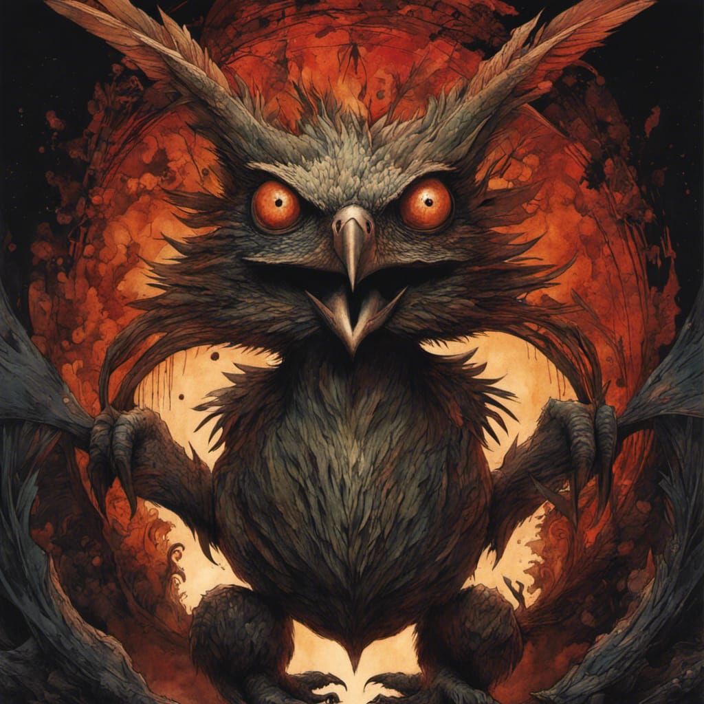 Intricately Detailed Snarling Bird Monster in Watercolor