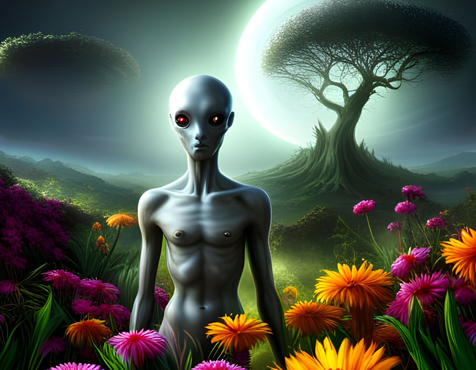 Grey Alien in the Garden of Eden: Digital Painting