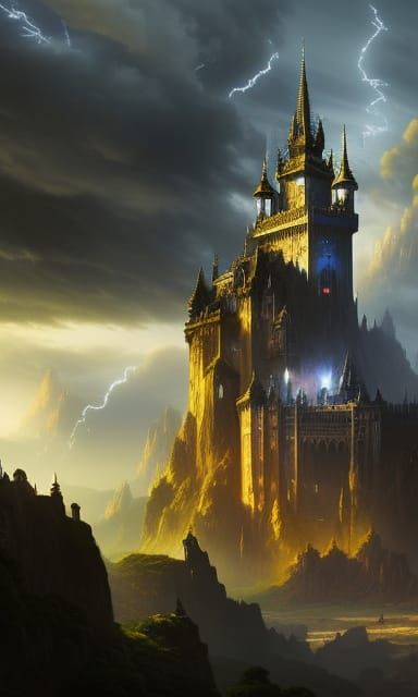 Epic Dark Fantasy Castle Amidst a Thunderstorm