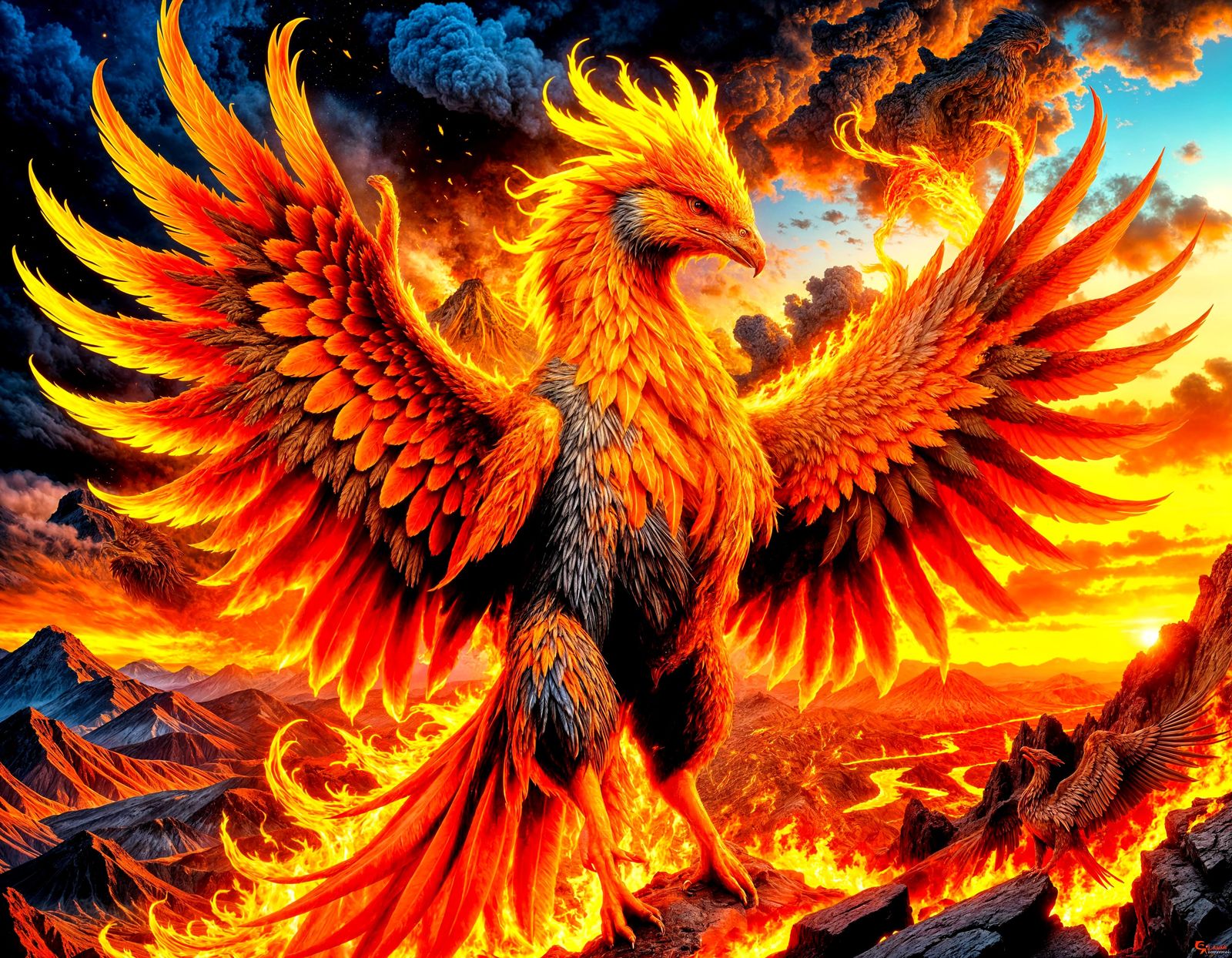 Majestic Phoenix Rising from Volcanic Eruption