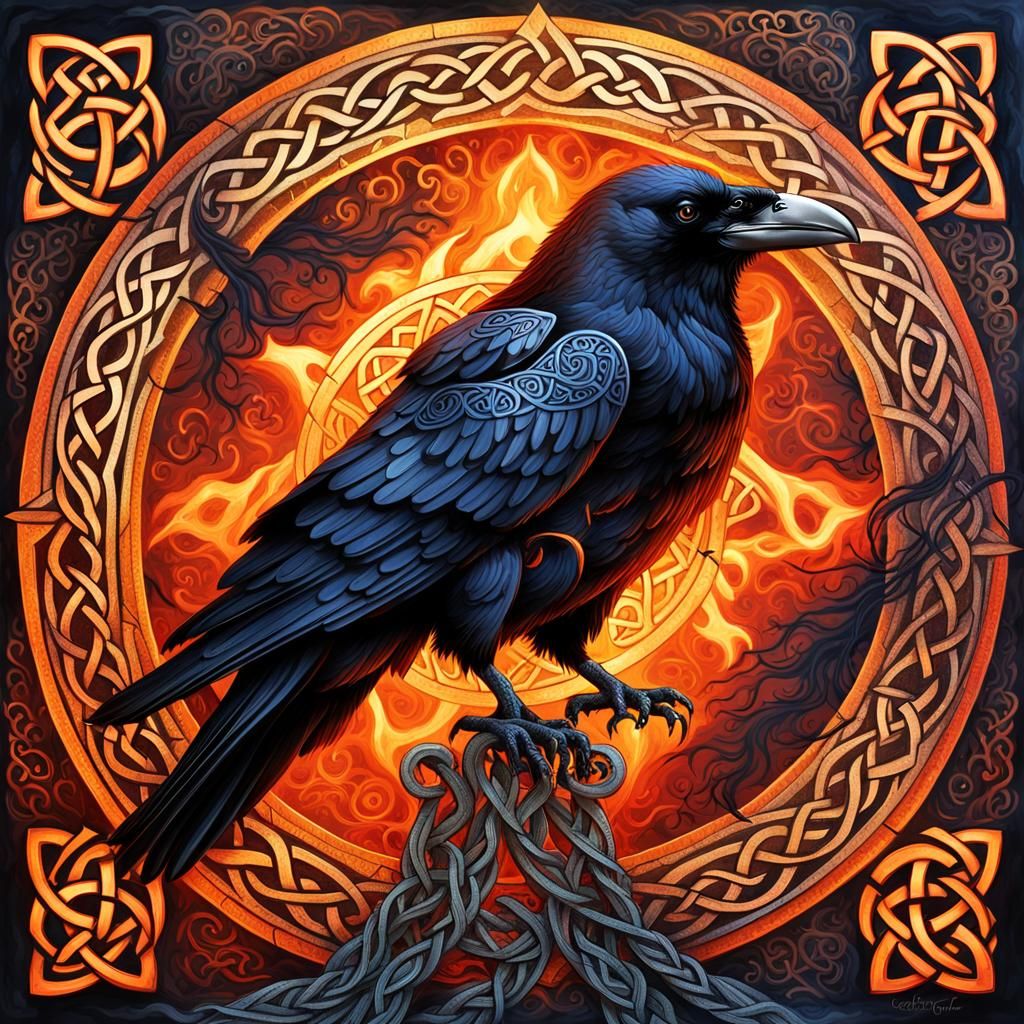 Raven Perched on Fiery Celtic Knotwork