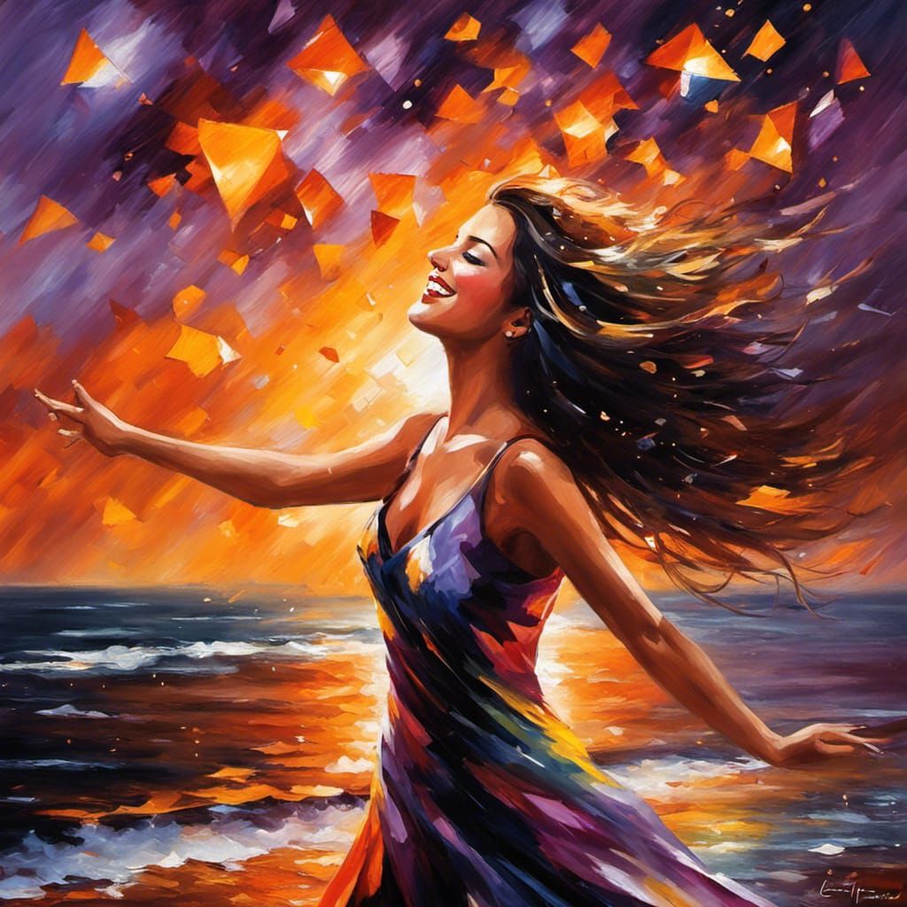 Woman Dancing in Diamond Rain: Expressionist Oil Painting