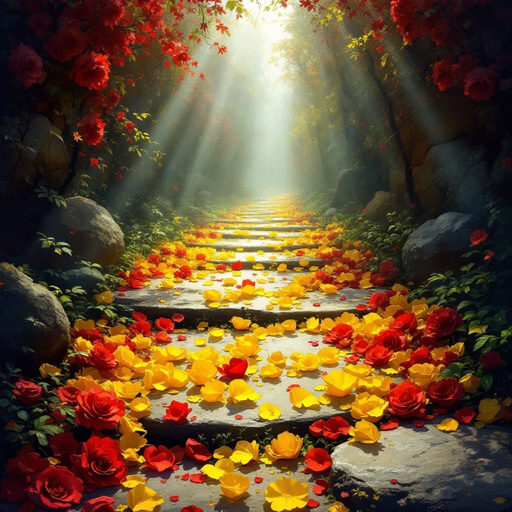 Spread yellow red rose petals on a path of stone towards a place beauty. dynamic lighting intricately detailed