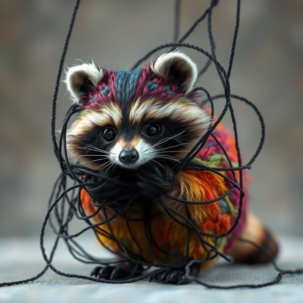 Whimsical Felted Raccoon in Delicate Satin Threads