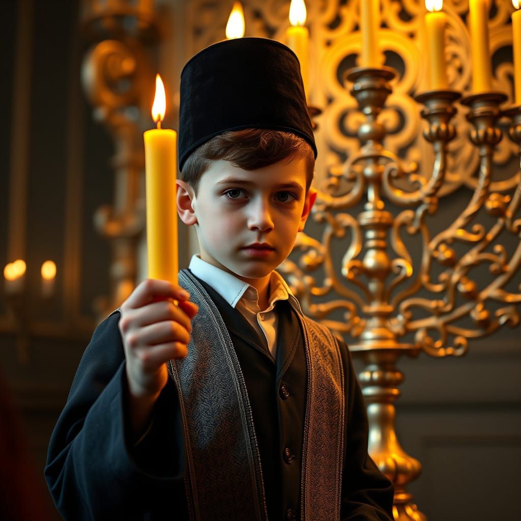 Hasidic Boy Lights Menorah with Gentle Gaze and Regal Attire