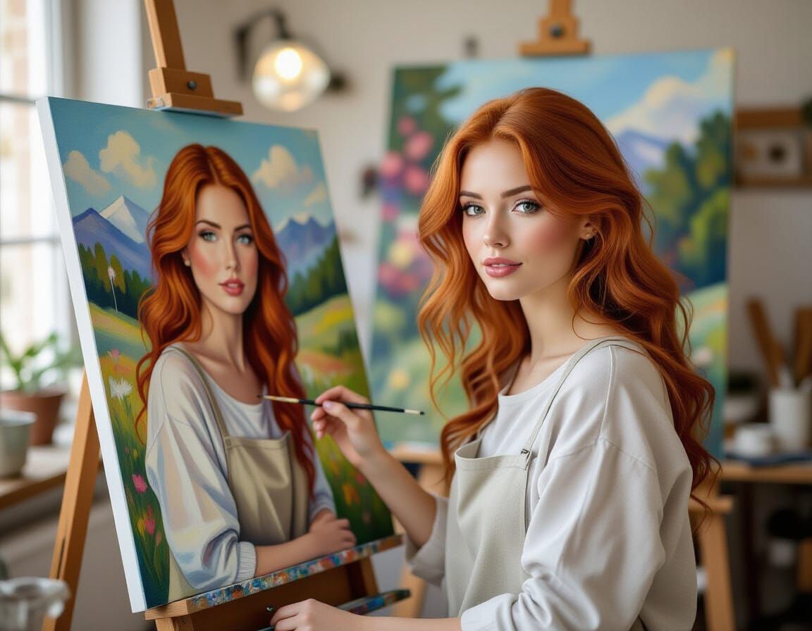 Red Haired Artist Paints Self Portrait in Natural Light