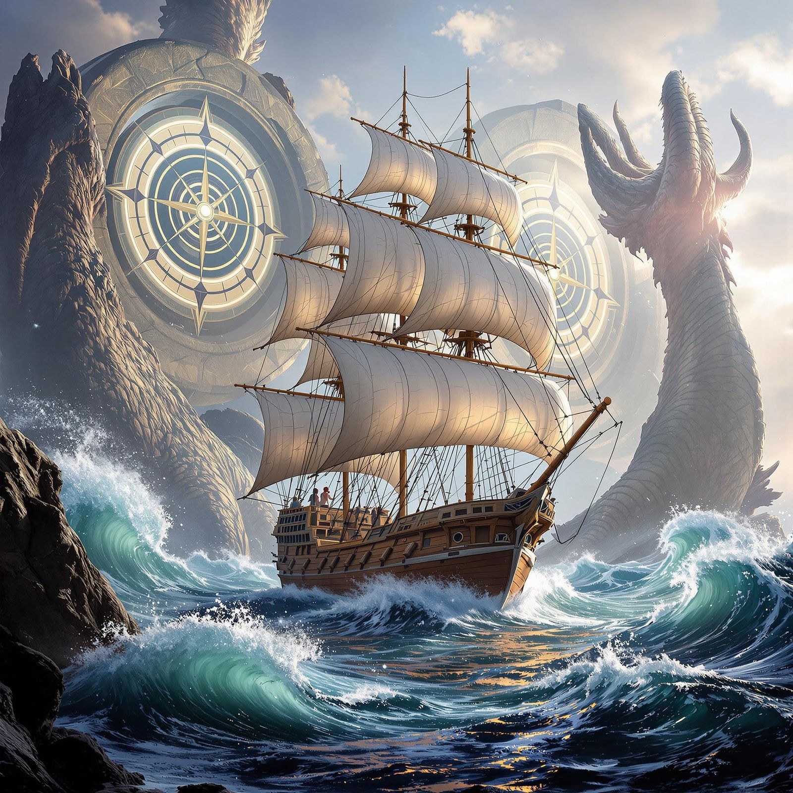 Majestic Sailing Vessel in a Dreamlike, Mythological Scene
