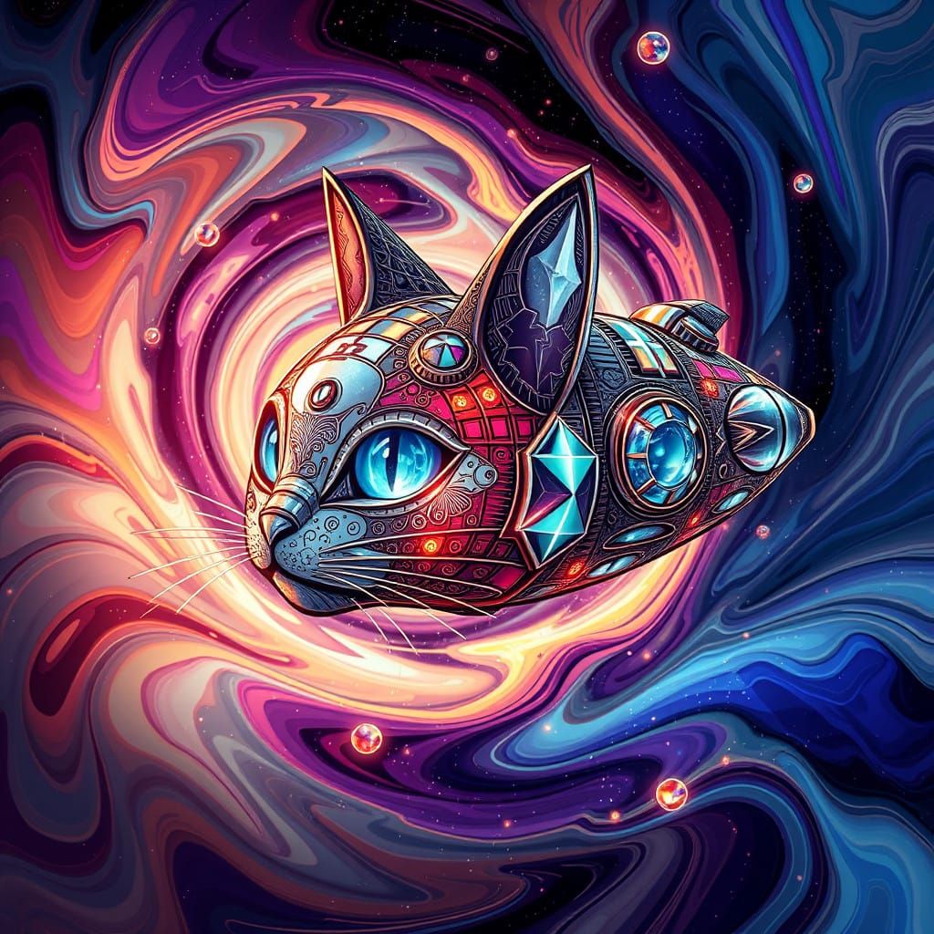 Futuristic Cat Spaceship Embellished with Diamonds in a Vibr...