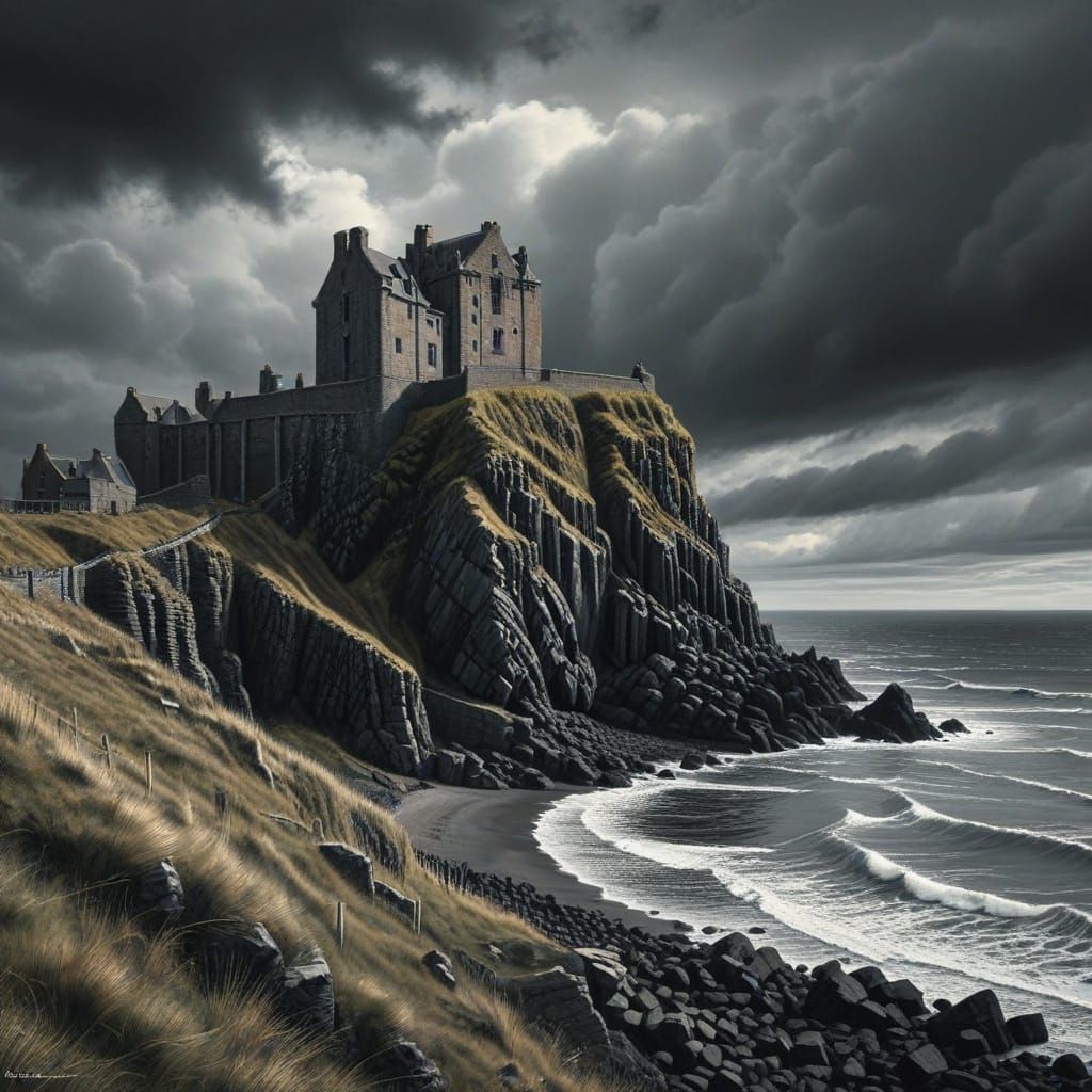 Dunnottar Castle Overlooking the North Sea in Charcoal
